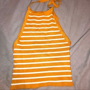 Forever 21 Yellow White Striped Crop Halter Top S